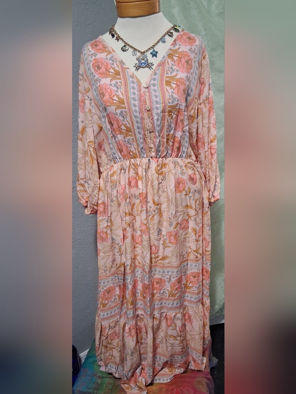 BOHO- Women's Pink Floral Midi Dress with Elastic Waist